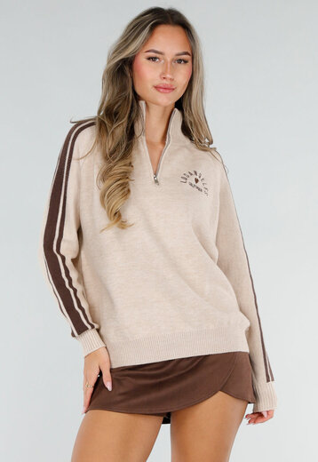 Beige Gebreide Zip Trui met Bruine Strepen