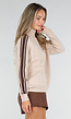 Beige Gebreide Trui met Bruine Mouwstrepen en Halve Rits