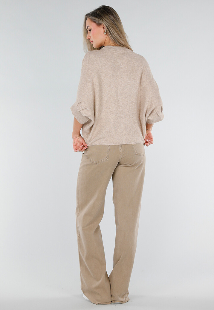 Beige Gebreid Damesvest met Korte Mouwen en Striksluitingen