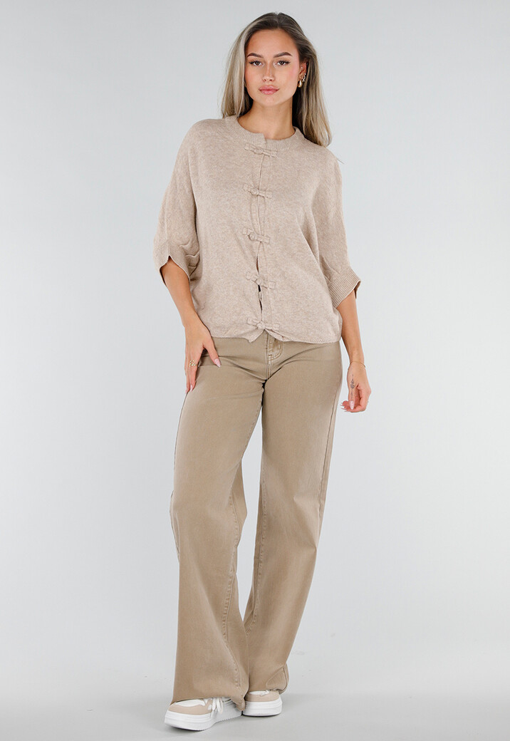 Beige Gebreid Damesvest met Korte Mouwen en Striksluitingen