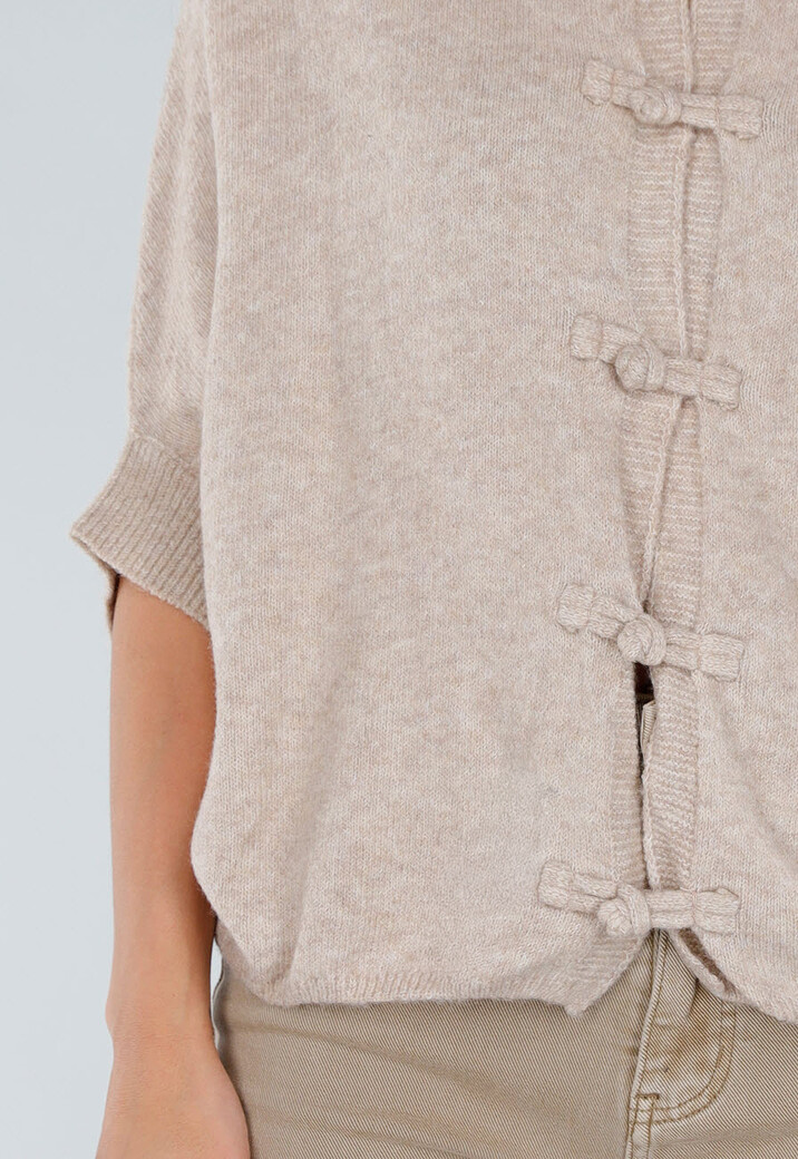 Beige Gebreid Damesvest met Korte Mouwen en Striksluitingen
