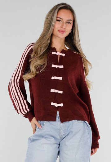 Bordeaux Vest met Roze Strepen en Knopen