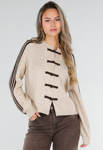 Beige Gebreid Vest met Bruine Sluitingen
