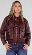 Bordeaux Lederlook Bomberjack met Rits, Gouden Knopen en Kraag