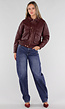 Bordeaux Lederlook Bomberjack met Rits, Gouden Knopen en Kraag