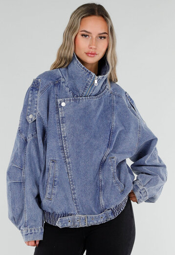 Blauw Denim Jack met Hoge Kraag en Riem