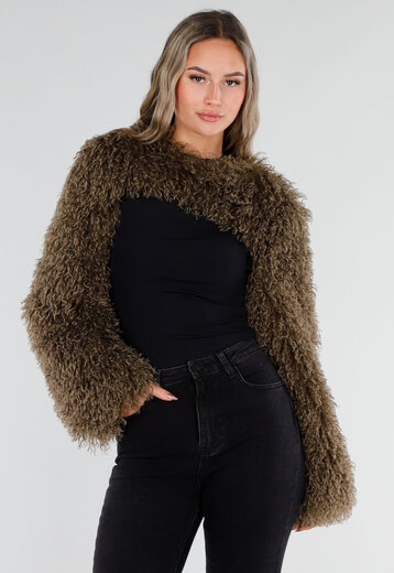 Bruine Faux Fur Bolero met Lange Mouwen