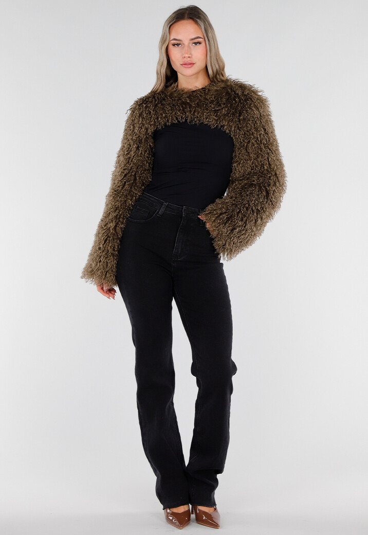 Bruine Faux Fur Bolero met Lange Wijde Mouwen en Krullende Vacht