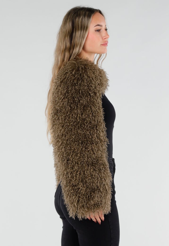 Bruine Faux Fur Bolero met Lange Wijde Mouwen en Krullende Vacht