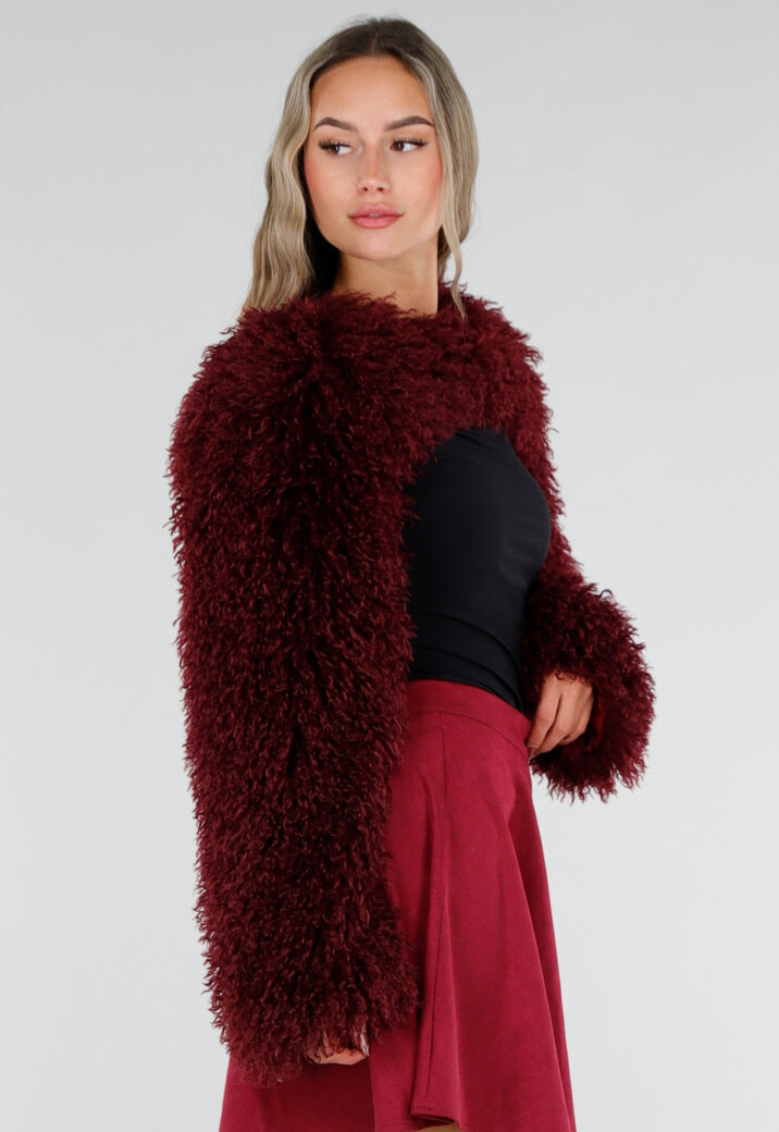 Bordeaux Faux Fur Bolero met Lange Mouwen en Open Voorkant
