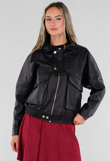 Zwart Lederlook Jack met Gouden Knopen