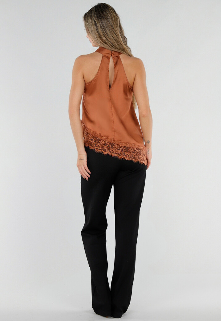 Bruine Satijnen Halter Top met Asymmetrische Kanten Onderkant