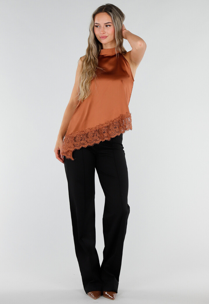 Bruine Satijnen Halter Top met Asymmetrische Kanten Onderkant