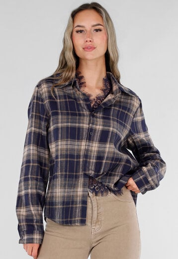 Blauwe Geruite Blouse met Kant