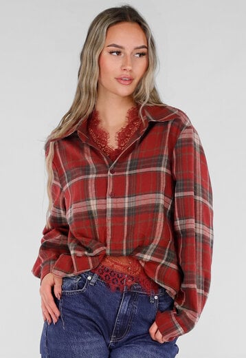 Rode Geruite Blouse met Kant