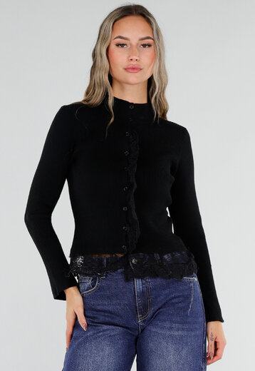 Zwart Ribgebreid Vest met Kant en Knopen