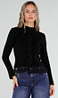 Zwart Ribgebreid Vest met Kanten Details en Lange Mouwen