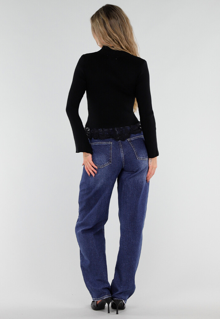 Zwart Ribgebreid Vest met Kanten Details en Lange Mouwen