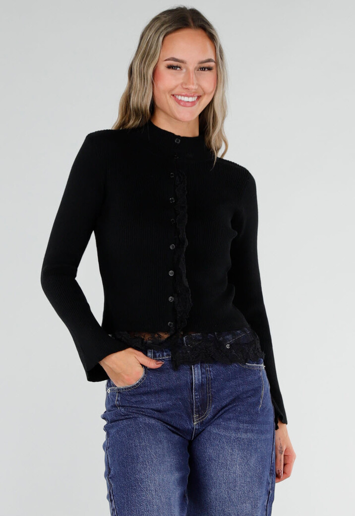 Zwart Ribgebreid Vest met Kanten Details en Lange Mouwen