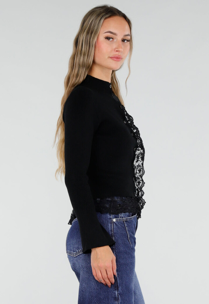 Zwart Ribgebreid Vest met Kanten Details en Lange Mouwen