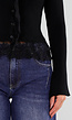 Zwart Ribgebreid Vest met Kanten Details en Lange Mouwen