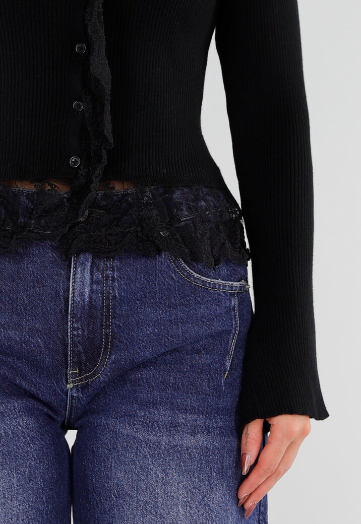 Zwart Ribgebreid Vest met Kanten Details en Lange Mouwen