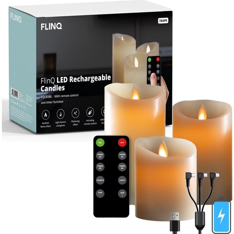 Oplaadbare LED Kaarsen Taupe met Bewegende Vlam Incl. Afstandsbediening  3 Stuks
