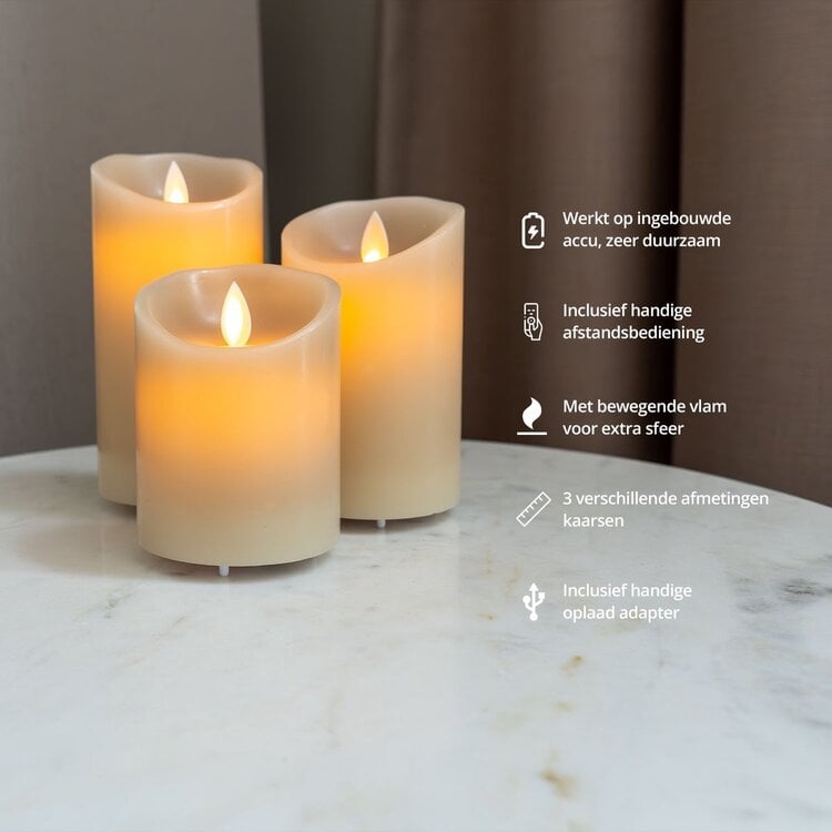 Oplaadbare LED Kaarsen Taupe met Bewegende Vlam Incl. Afstandsbediening  3 Stuks
