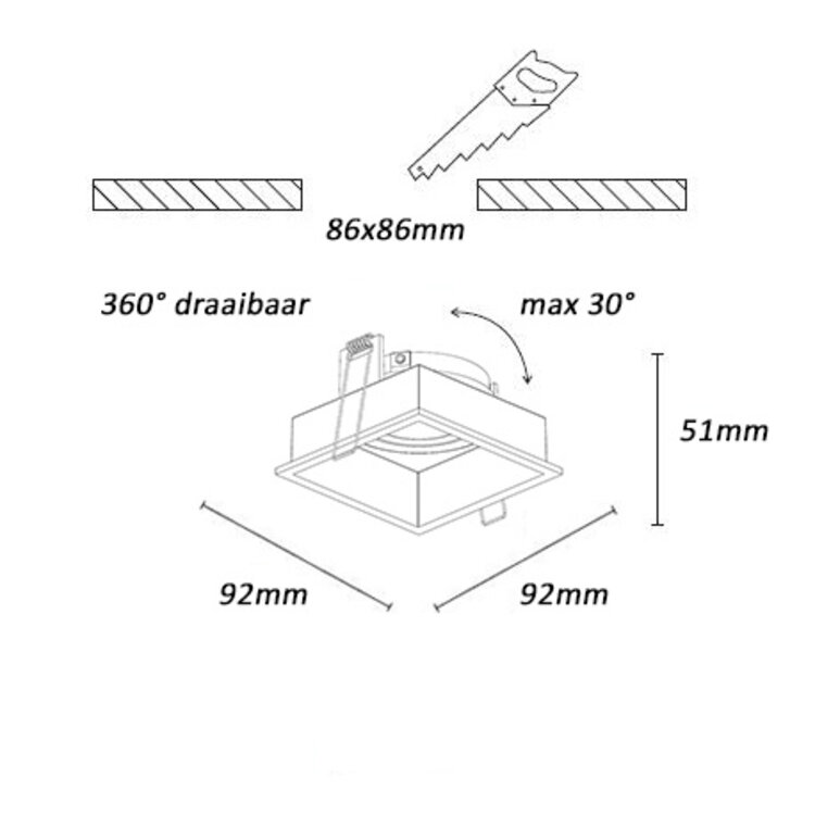 Artdelight Inbouwspot Rex Vierkant Zwart  GU10 Verdiept Kantelbaar
