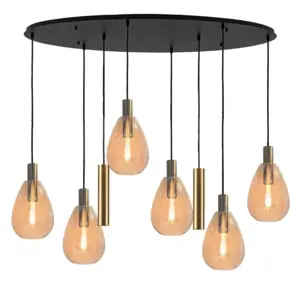 Hanglamp Dorato Ovaal Zwart Goud & Glas Amber 8 Lichts