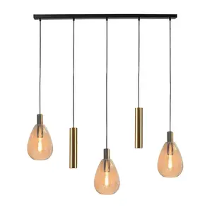 Hanglamp Dorato Zwart Goud & Glas Amber 5 Lichts