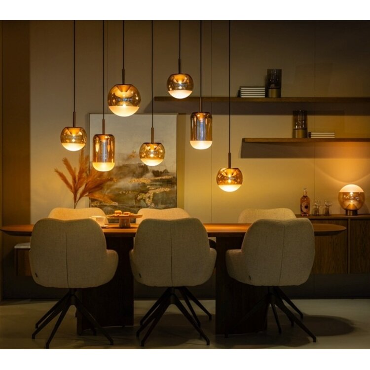 ETH Hanglamp Yvonne 7 Lichts Dimbaar 7x6.5W 138 x 57cm Zwart - Amber glas