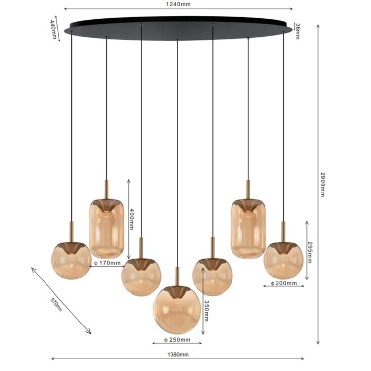 ETH Hanglamp Yvonne 7 Lichts Dimbaar 7x6.5W 138 x 57cm Zwart - Amber glas