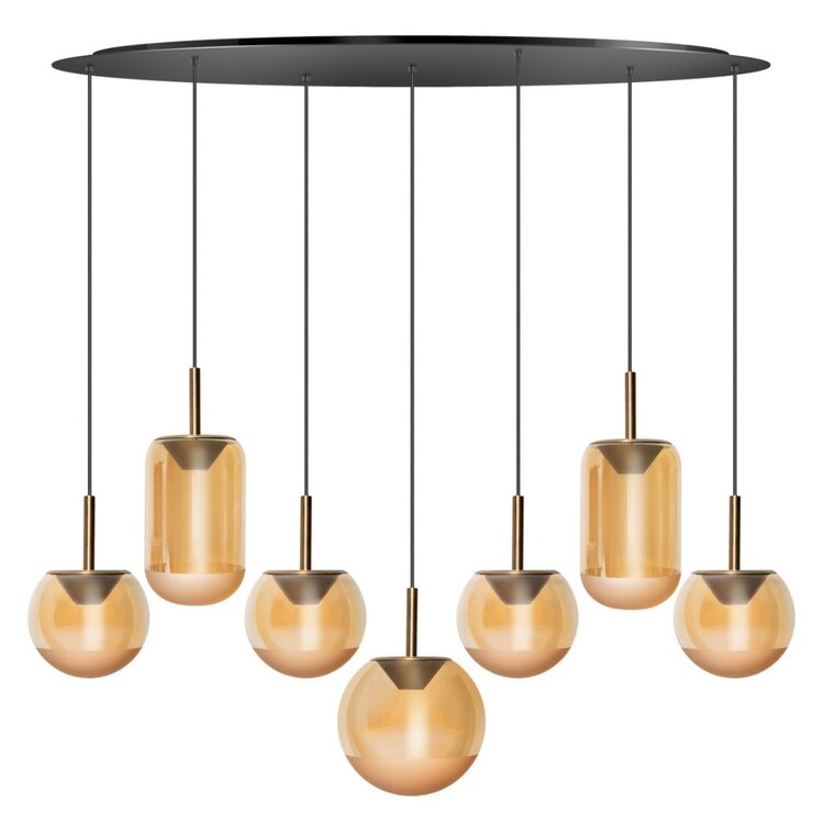 ETH Hanglamp Yvonne 7 Lichts Dimbaar 7x6.5W 138 x 57cm Zwart - Amber glas
