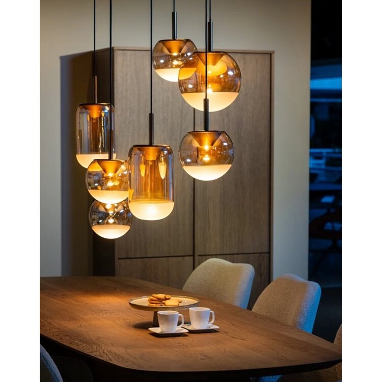 ETH Hanglamp Yvonne 7 Lichts Dimbaar 7x6.5W 138 x 57cm Zwart - Amber glas
