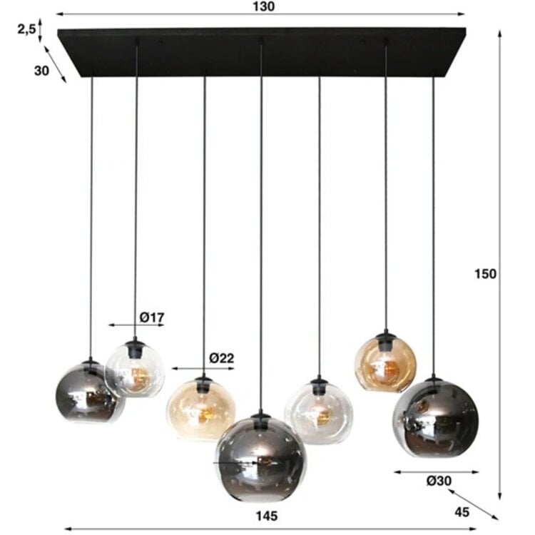 Hanglamp Multi Globe Artic Zwart 4+3 Lichts 130cm