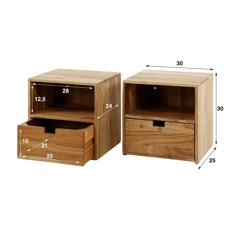 Nachtkastje Flat XS Zwevend Massief Acacia 1 Lade 2 Stuks