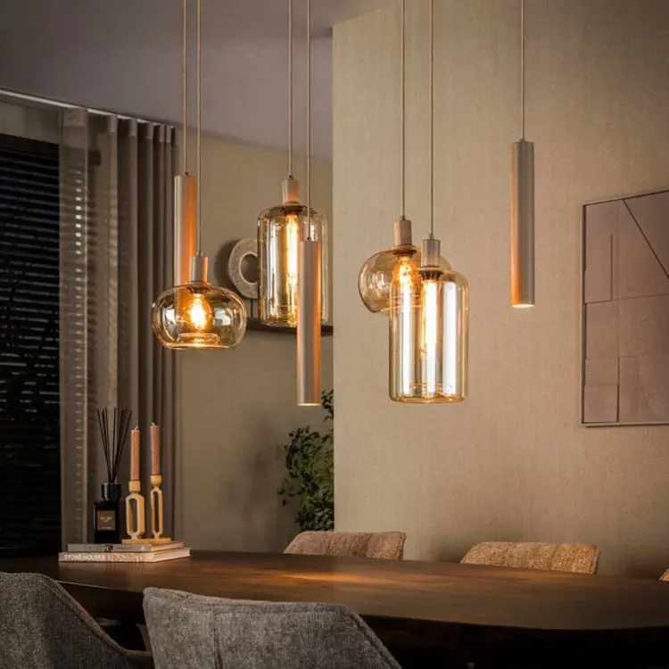 Hanglamp Serene Beige &  Amber Glas 4+3 Lichts