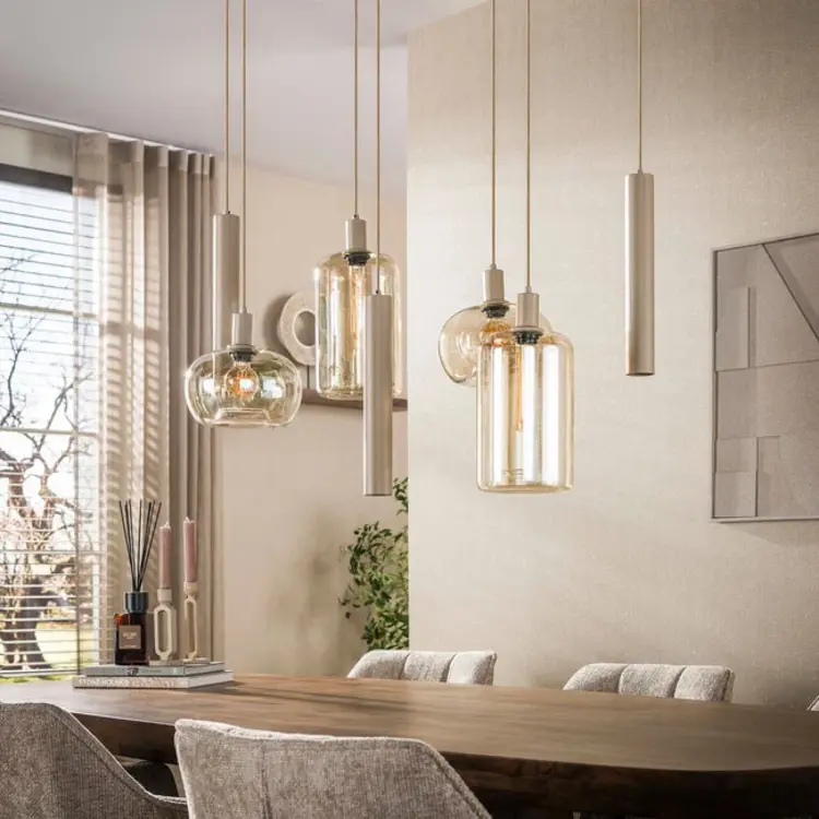 Hanglamp Serene Beige &  Amber Glas 4+3 Lichts