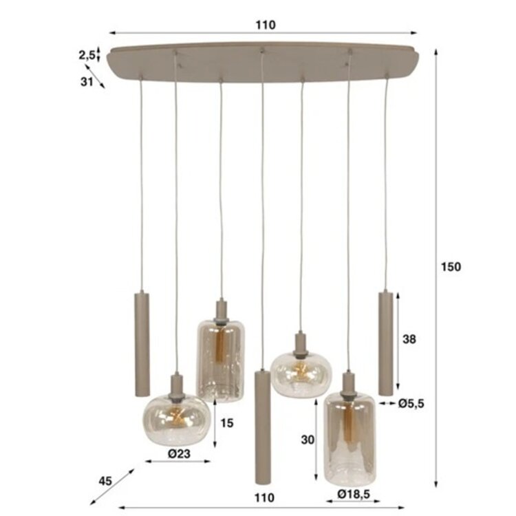 Hanglamp Serene Beige &  Amber Glas 4+3 Lichts