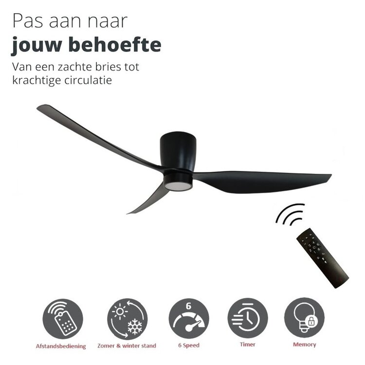 Freelight Plafondventilator Arioso Eco Zwart Incl. 16W Led & 6 Speed - Afstandsbediening - Ø 127cm