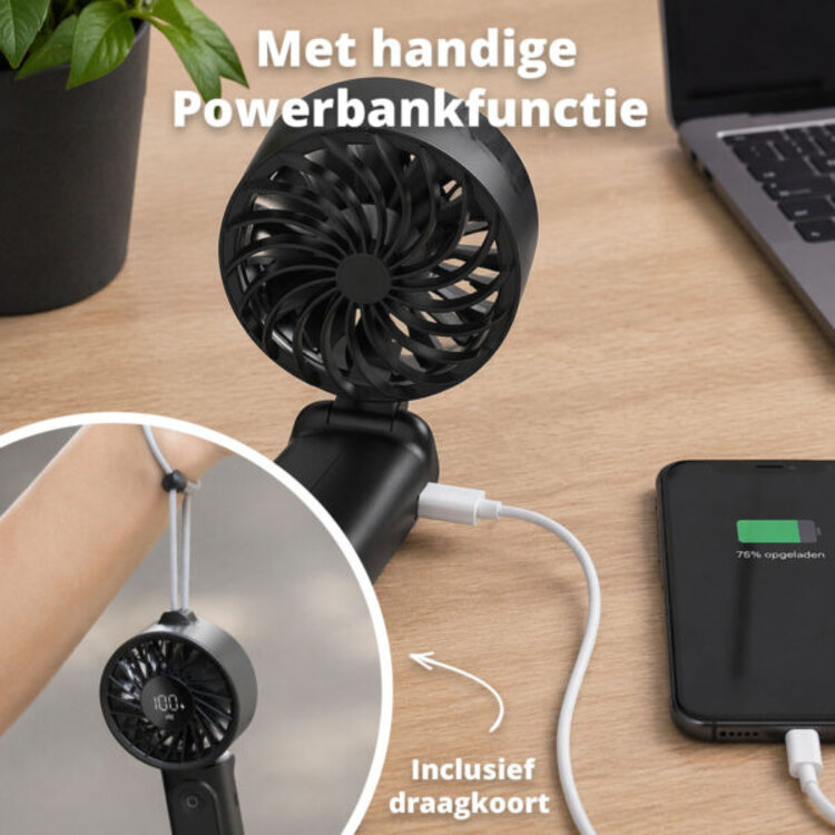 Handventilator - Draagbare Ventilator - Mini Fan Oplaadbaar - Kleine Portable Ventilator met USB - Draadloze Tafelventilator