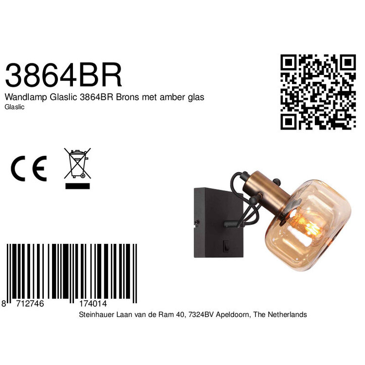 Wandlamp Glaslic Zwart Brons - Amber Glas E27 Fitting 1 Lichts 3864BR