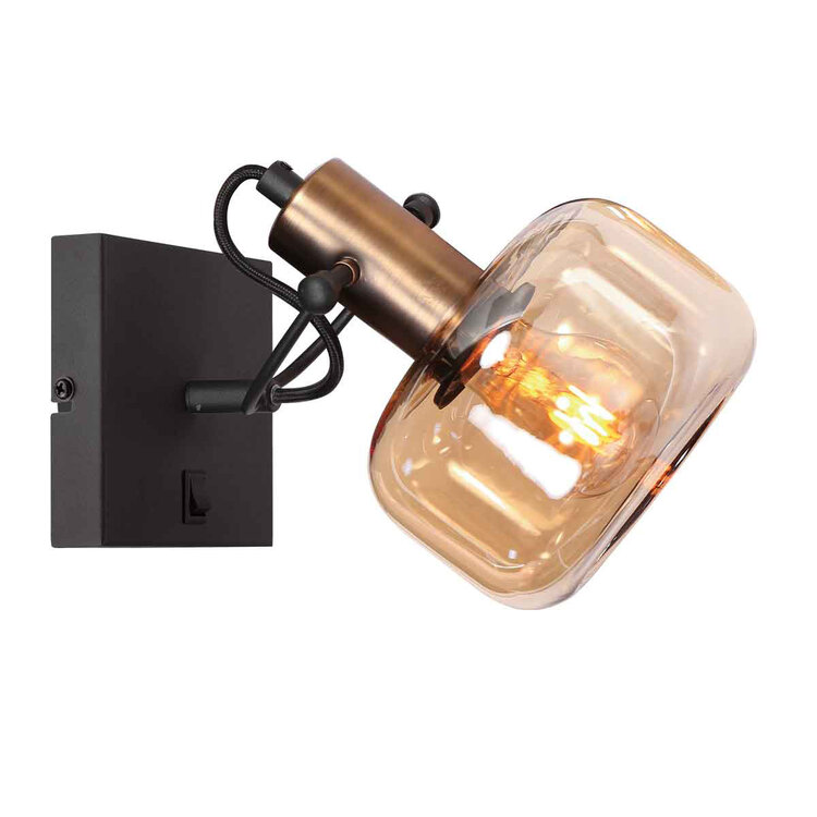 Wandlamp Glaslic Zwart Brons - Amber Glas E27 Fitting 1 Lichts 3864BR