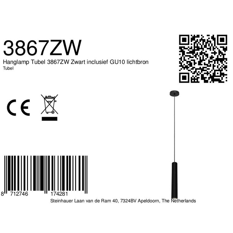 Hanglamp Tubel Zwart Ø 5cm Incl. GU10 4.9 Watt Dim To Warm