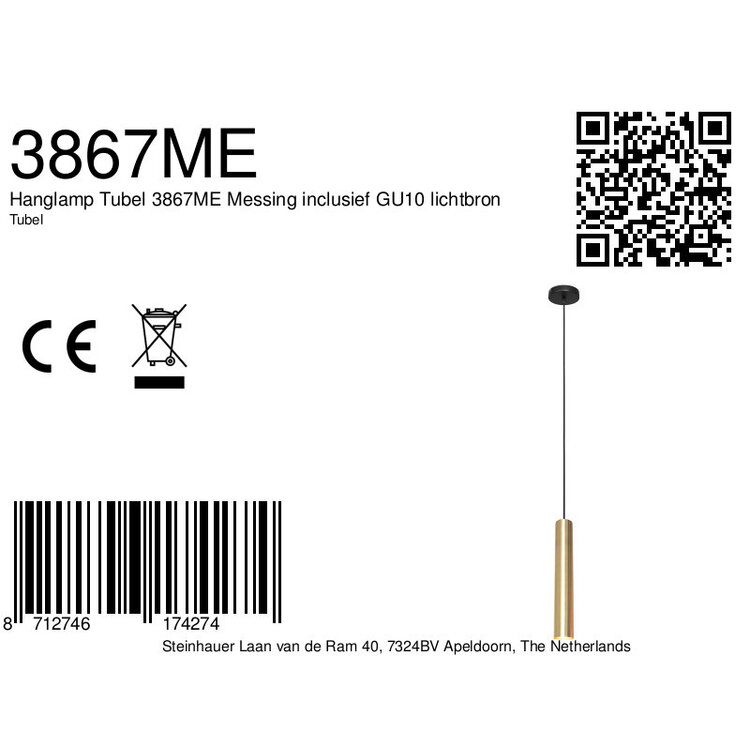 Hanglamp Tubel Messing Ø 5cm Incl. GU10 4.9 Watt Dim To Warm