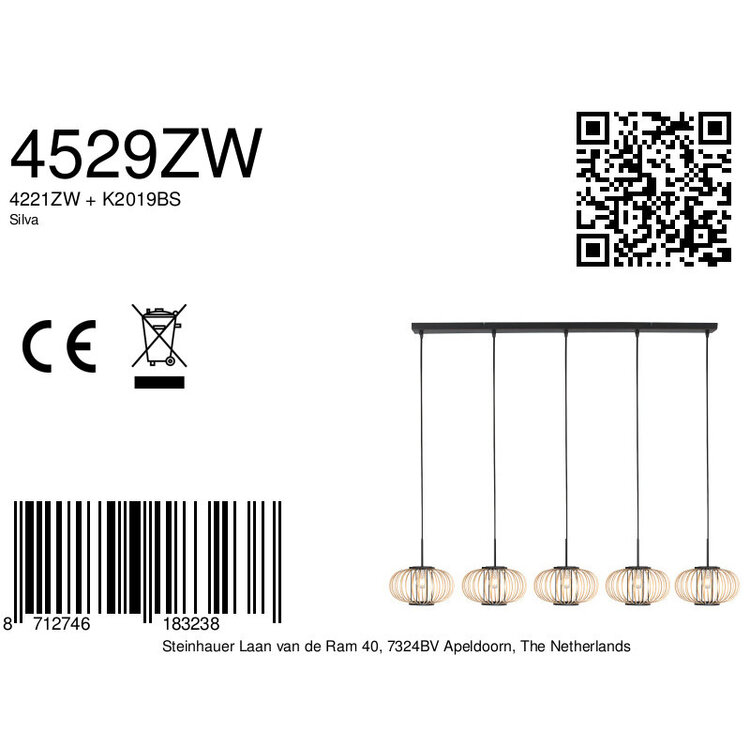 Hanglamp Silvia Bamboe 5 Lichts L 110cm E27 Fitting