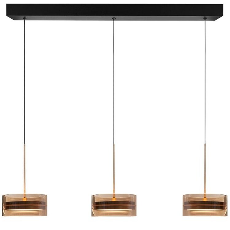 Highlight Hanglamp Enzo Zwart & Brons - Amber Glas Ø 20cm  - 3 Lichts  Balk