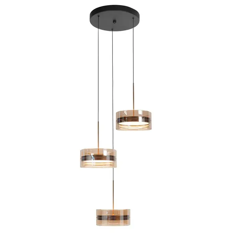 Highlight Hanglamp Enzo Zwart & Brons - Amber Glas Ø 20cm  - 3 Lichts