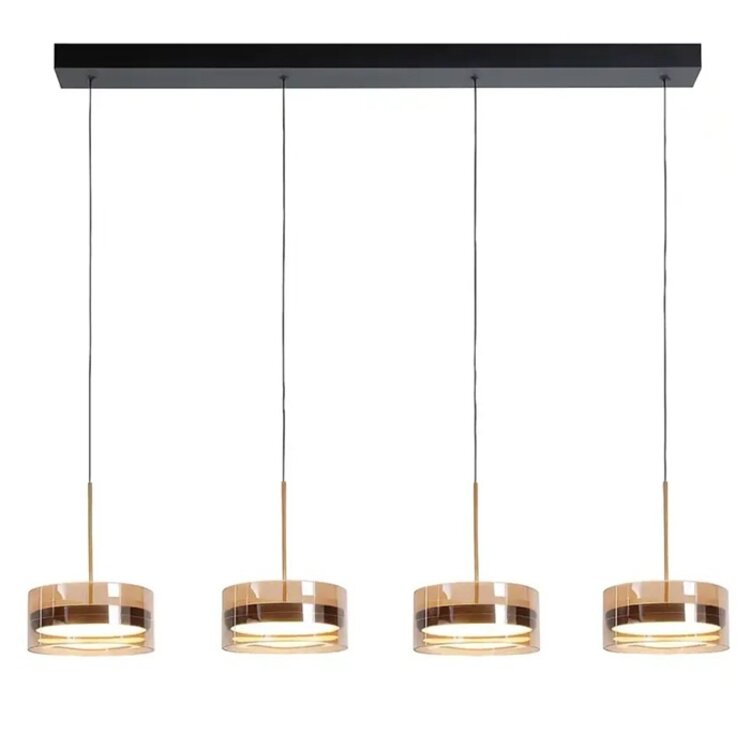 Highlight Hanglamp Enzo Zwart & Brons - Amber Glas Ø 20cm  - 4 Lichts  Balk 117cm